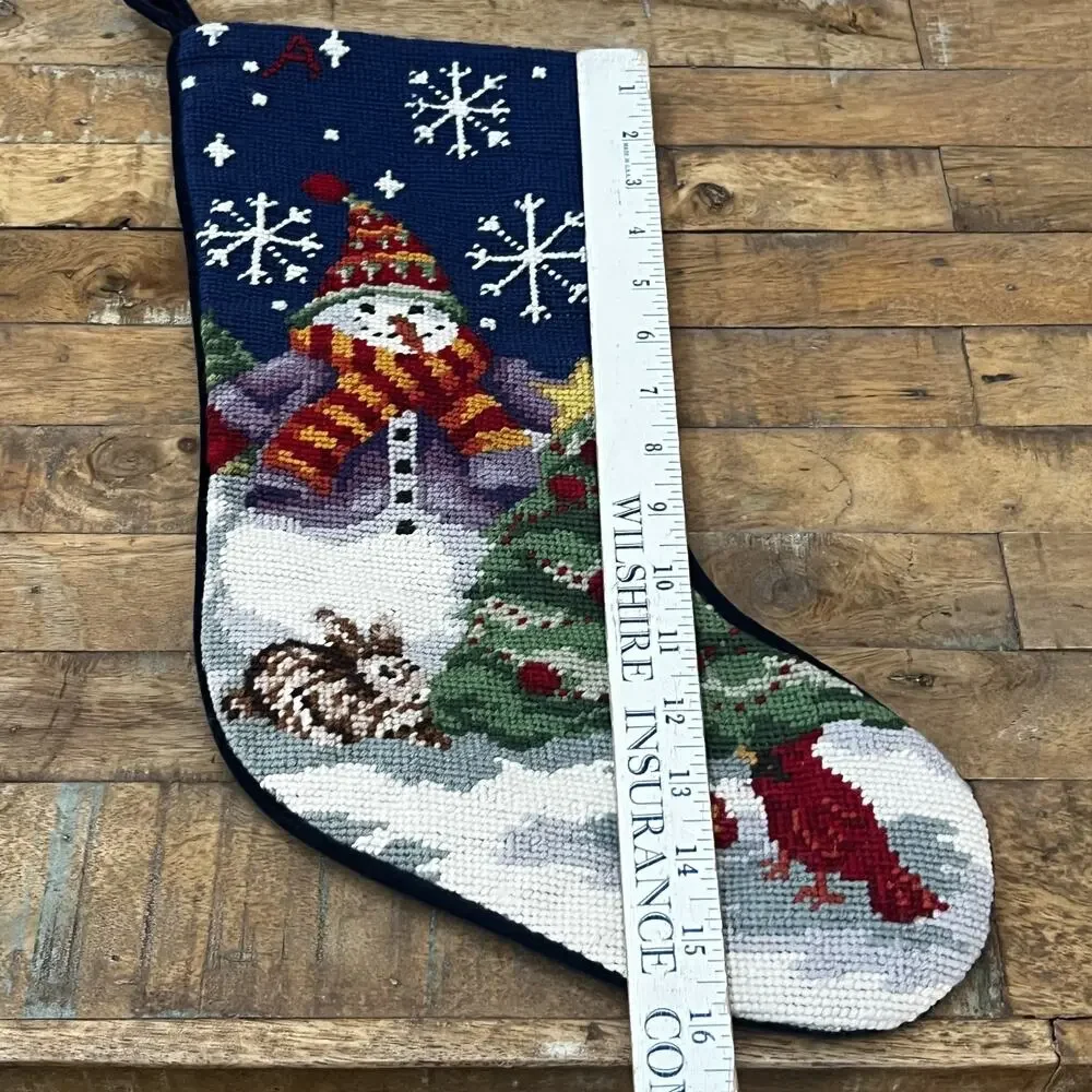 Needlepoint Stocking Velvet Backed Wool Frosty's Winter Wonderland A